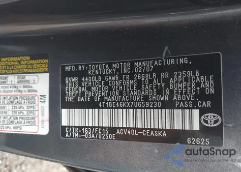 2007 Toyota Camry Se from USA, damaged, VIN 4T1BE46KX7U659230